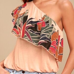 Free People Annka Peach Floral Print Off One-Shoulder Shirt Women's Size Medium
